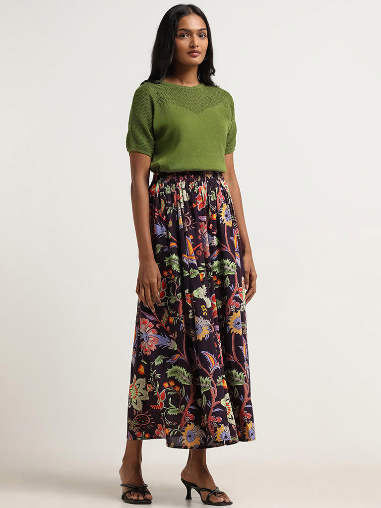 LOV Dark Purple Floral Printed Skirt