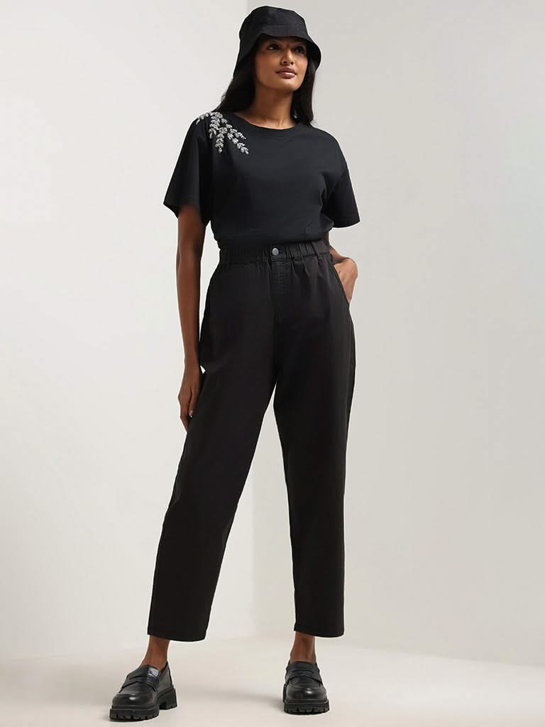 LOV Black Pleated Cotton Blend Pants