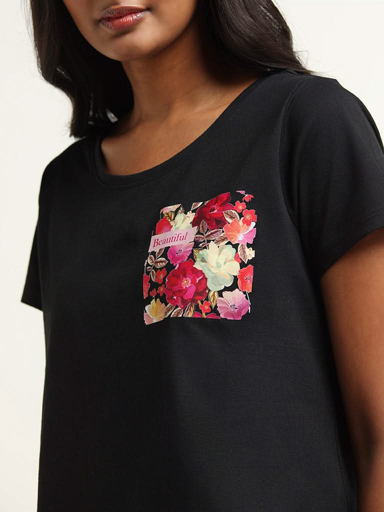 LOV Black Printed Cotton T-Shirt