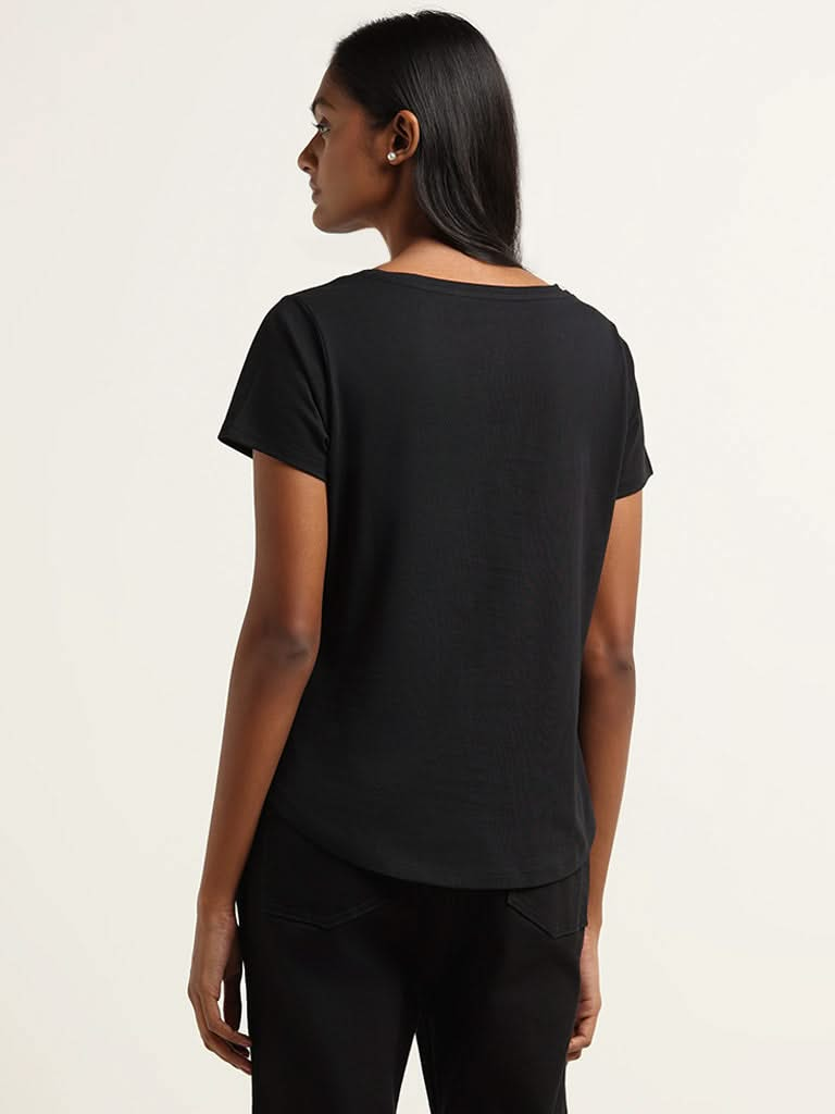 LOV Black Printed Cotton T-Shirt