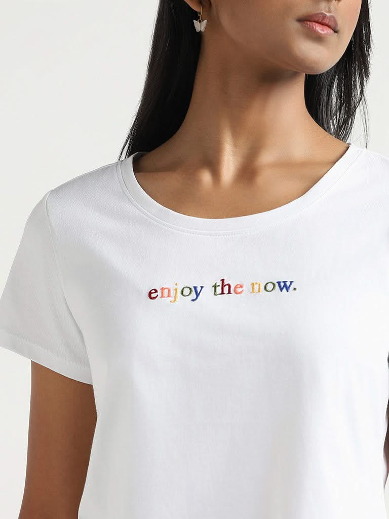 LOV White Contrast Printed Cotton T-Shirt