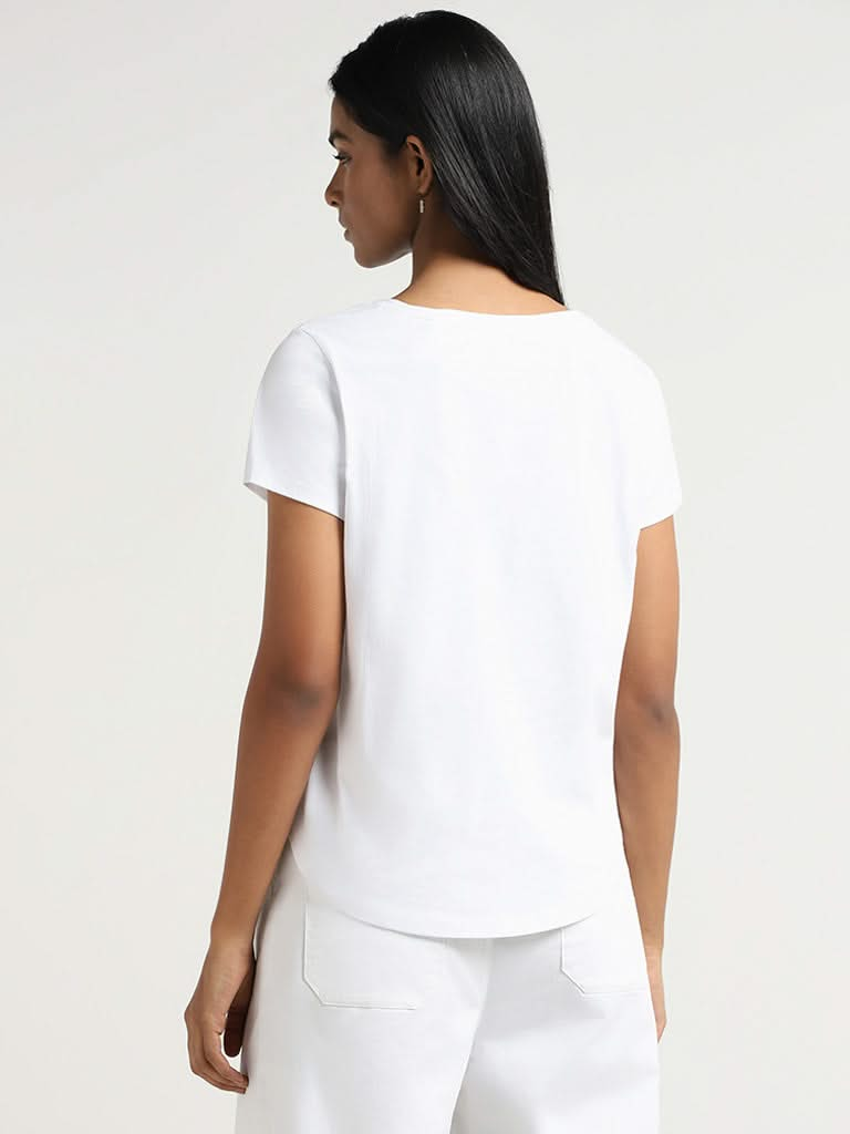 LOV White Contrast Printed Cotton T-Shirt