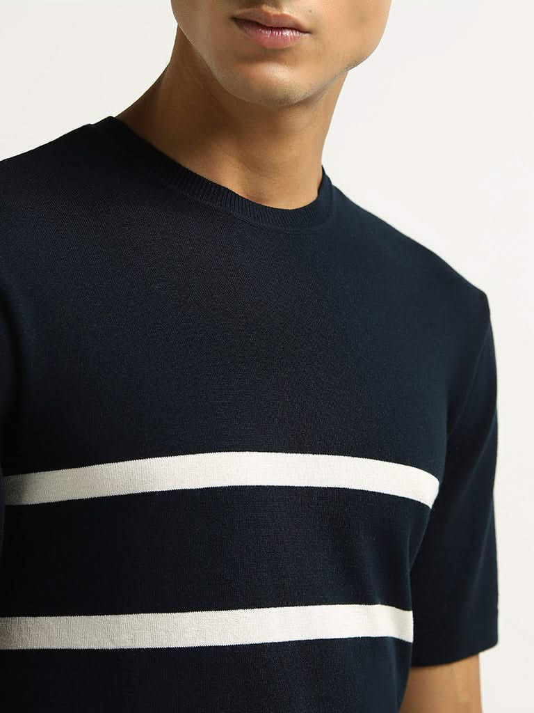 Ascot Navy Striped Cotton Blend Relaxed Fit T-Shirt