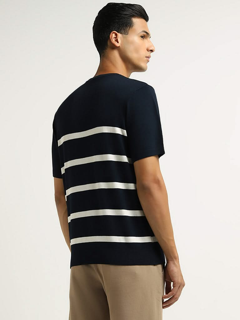 Ascot Navy Striped Cotton Blend Relaxed Fit T-Shirt