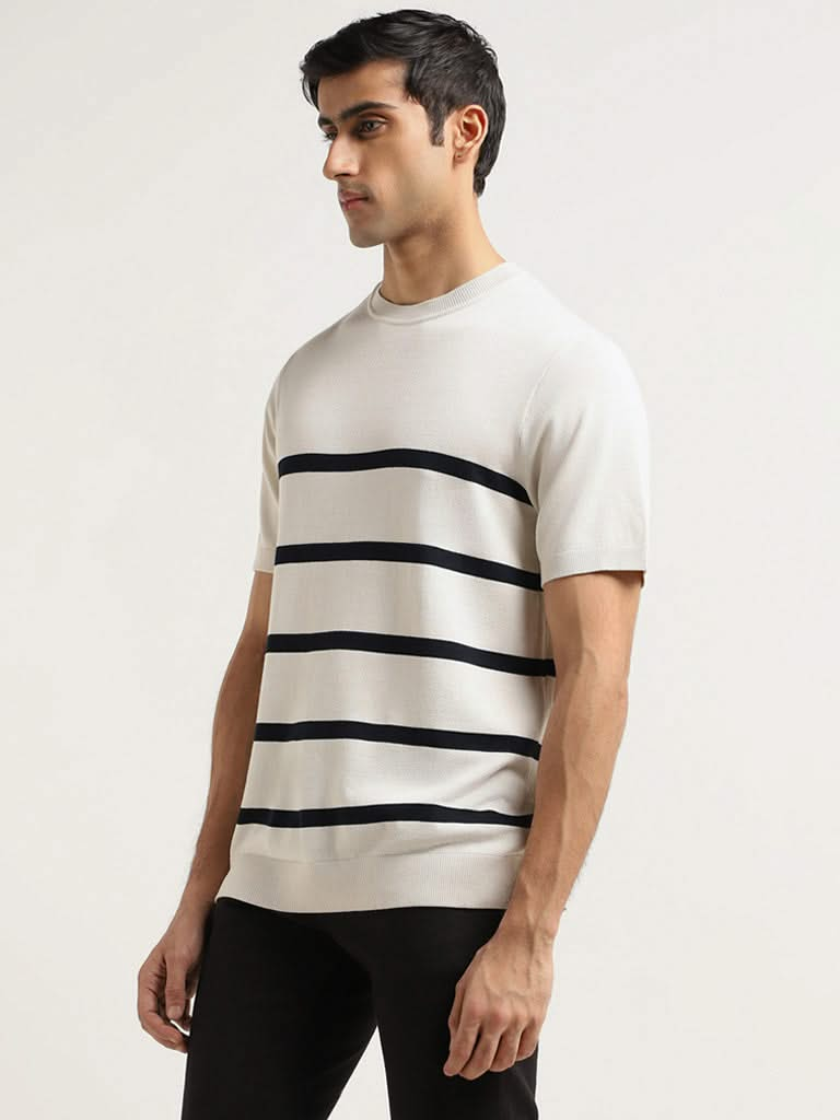 Ascot Off White Striped Relaxed Fit T-Shirt