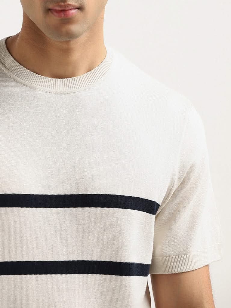 Ascot Off White Striped Relaxed Fit T-Shirt