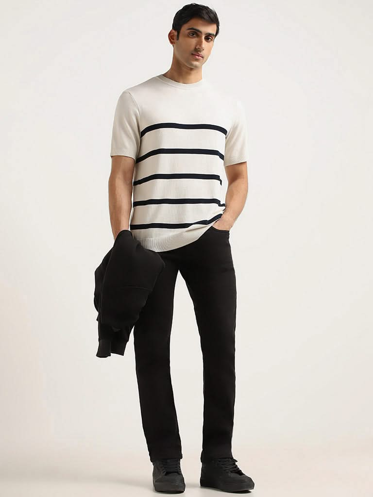 Ascot Off White Striped Relaxed Fit T-Shirt