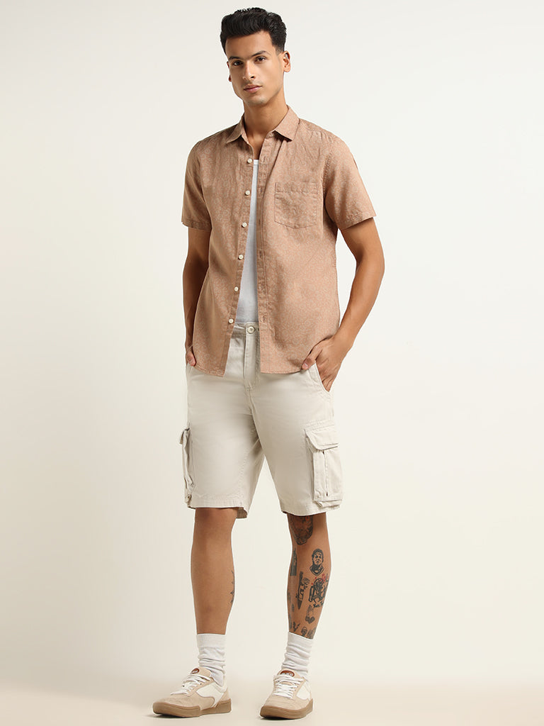 WES Casuals Light Brown Printed Cotton Shirt