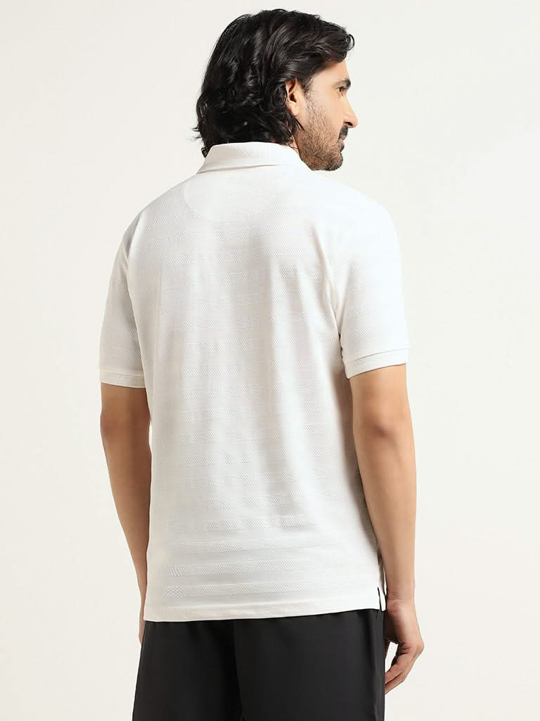 WES Casuals White Self-Patterned Cotton Slim Fit T-Shirt