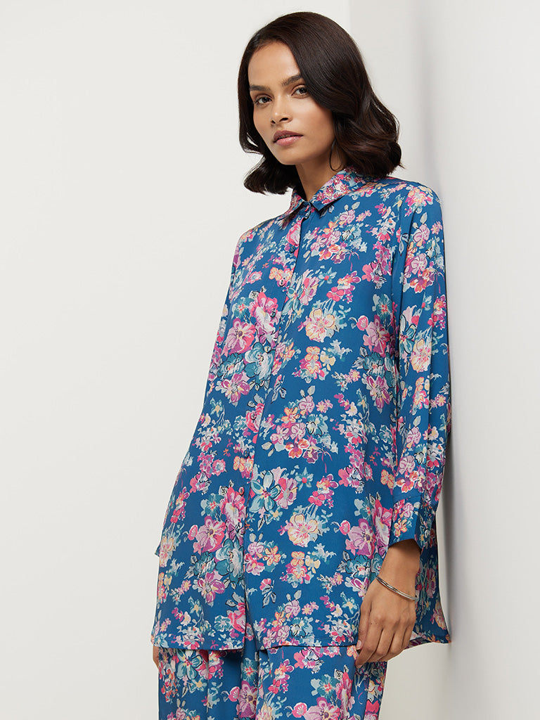 Vark Blue Floral Printed Tunic & Palazzos Set