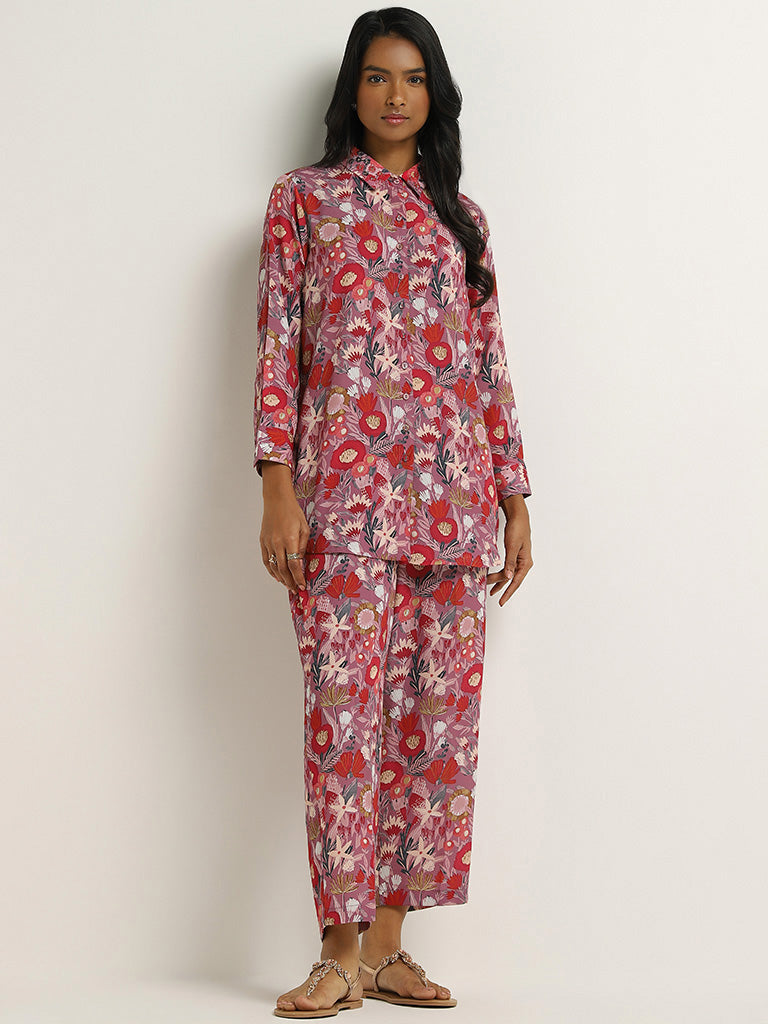 Vark Pink Floral Printed Tunic & Palazzos Set