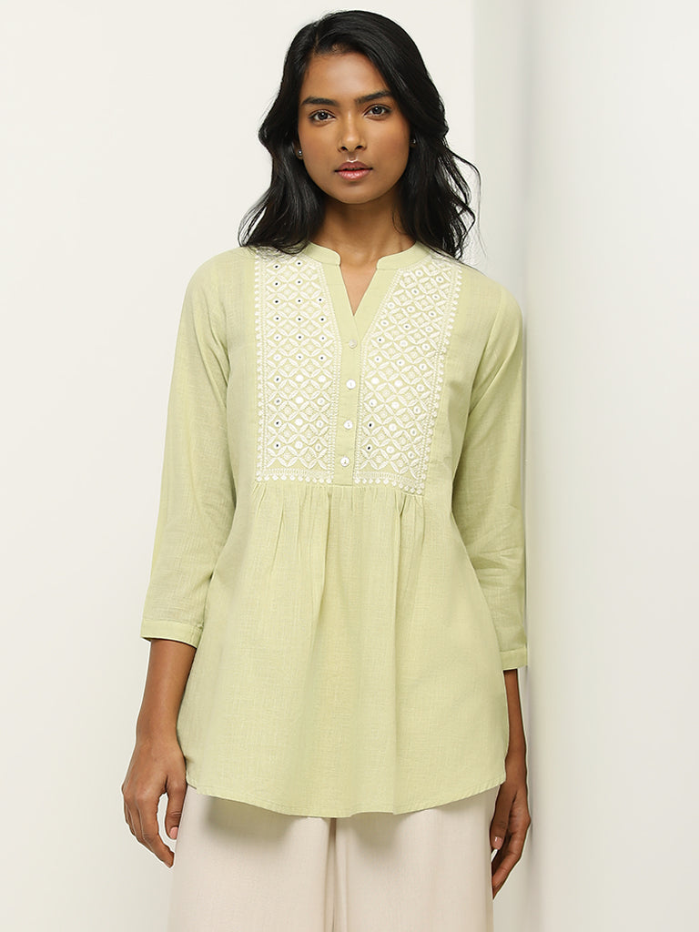 Utsa Green Mirror Embroidered Cotton Tunic