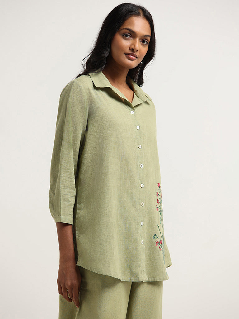 Utsa Green Floral Embroidered Cotton Tunic