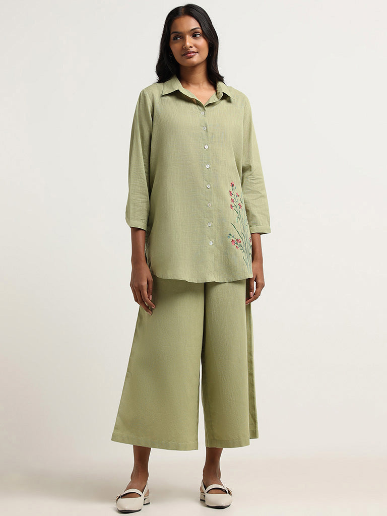 Utsa Green Floral Embroidered Cotton Tunic