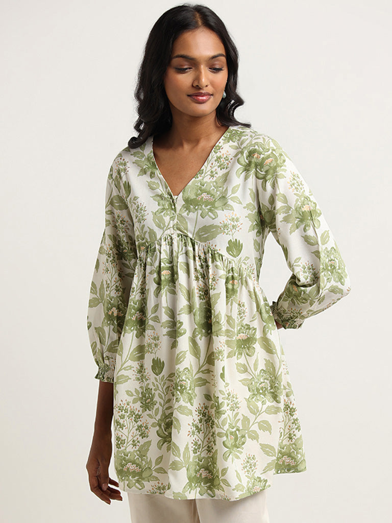 Utsa Green Floral Printed Cotton Tunic