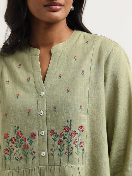 Utsa Green Floral Embroidered Cotton Tunic