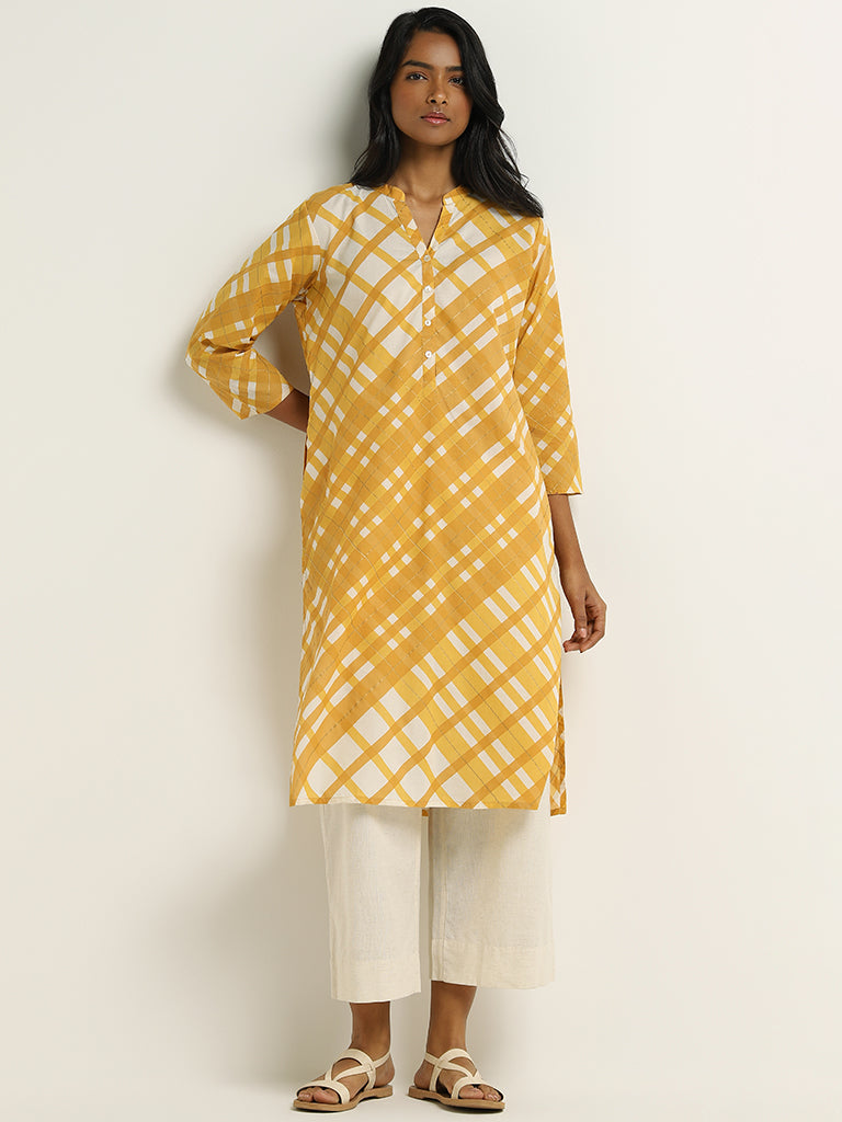 Utsa Yellow Checks Printed Cotton Kurta