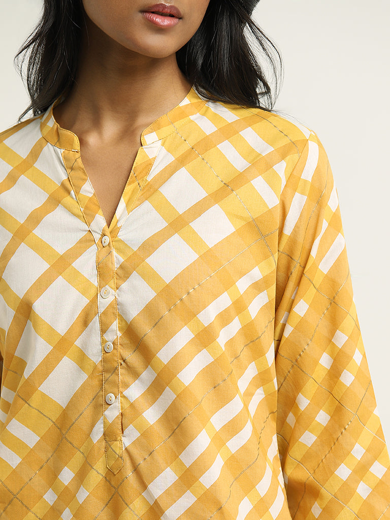 Utsa Yellow Checks Printed Cotton Kurta