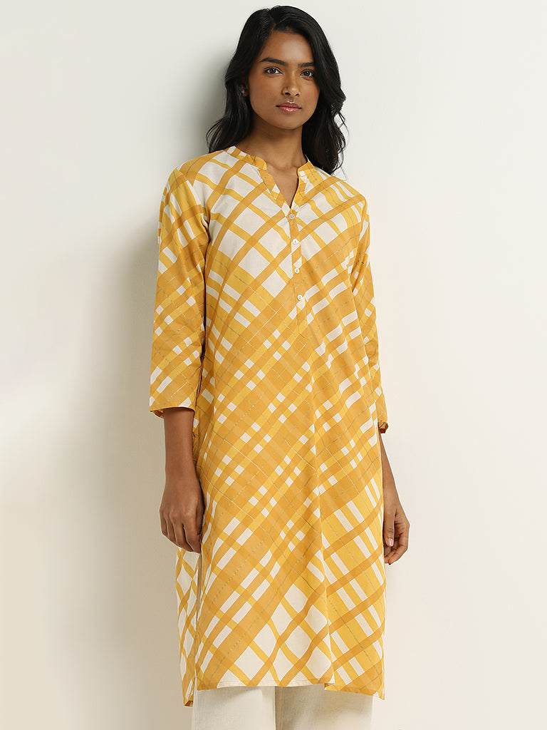 Utsa Yellow Checks Printed Cotton Kurta