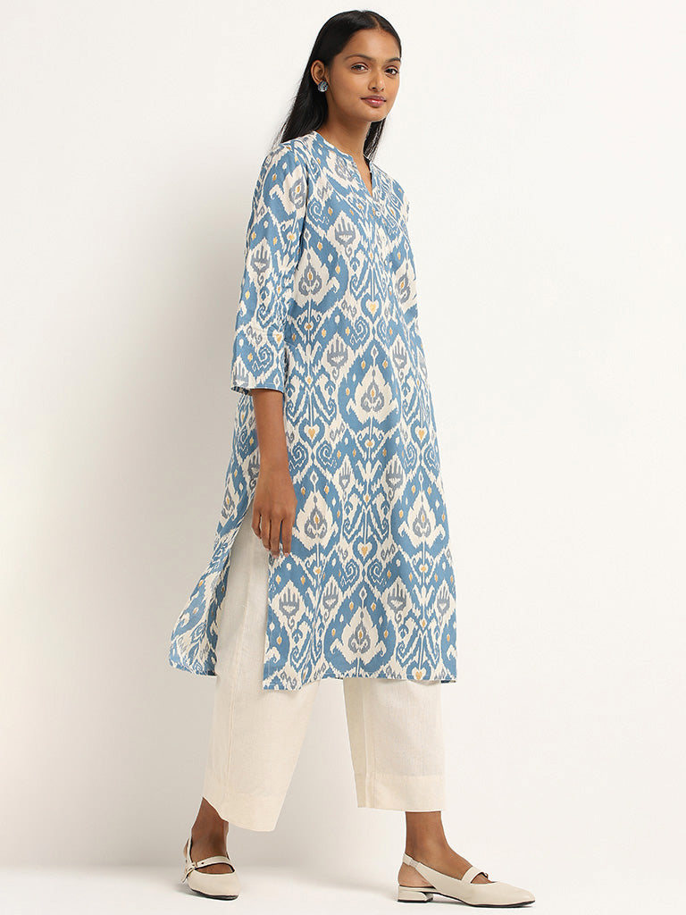 Utsa Blue Ikkat Printed Cotton Kurta