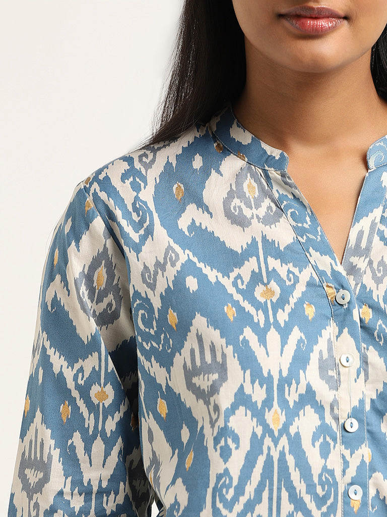 Utsa Blue Ikkat Printed Cotton Kurta