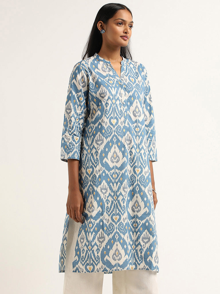 Utsa Blue Ikkat Printed Cotton Kurta