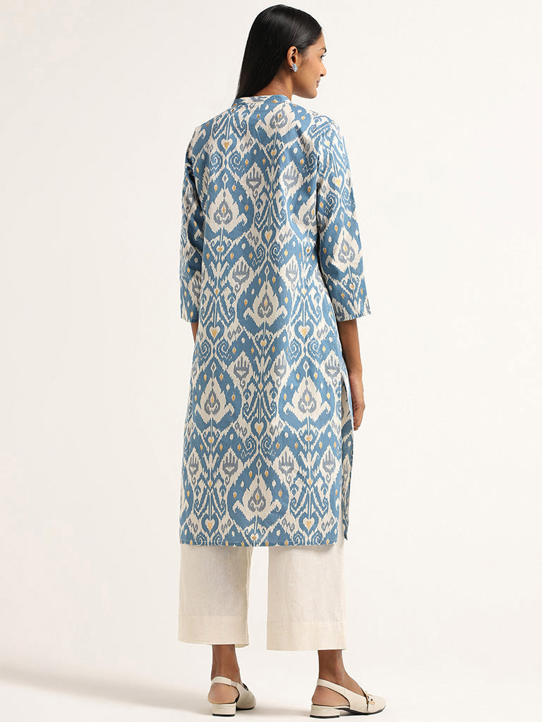 Utsa Blue Ikkat Printed Cotton Kurta