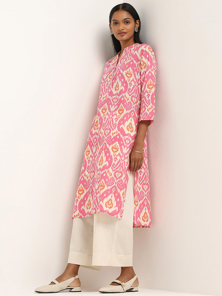 Utsa Pink Ikkat Printed Cotton Kurta