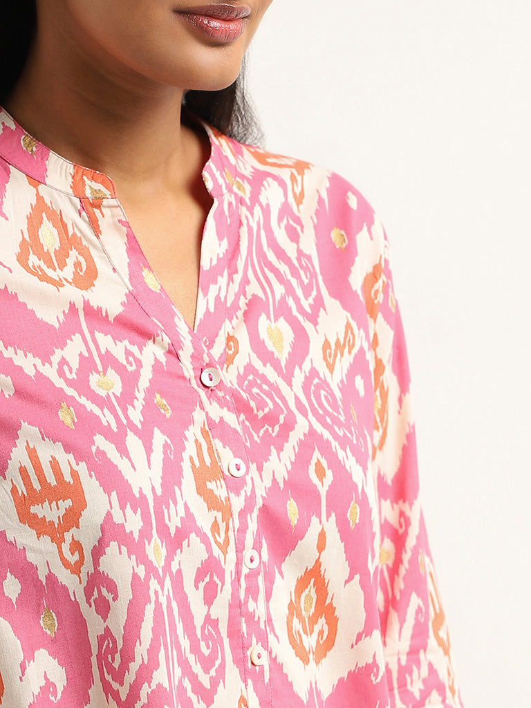 Utsa Pink Ikkat Printed Cotton Kurta