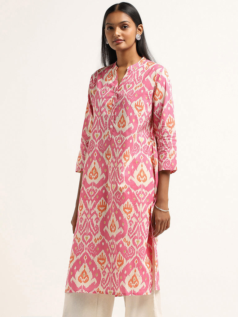 Utsa Pink Ikkat Printed Cotton Kurta