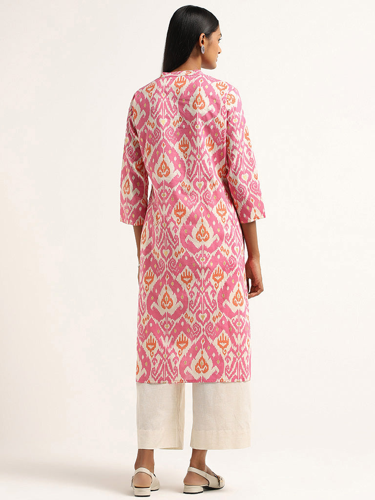 Utsa Pink Ikkat Printed Cotton Kurta