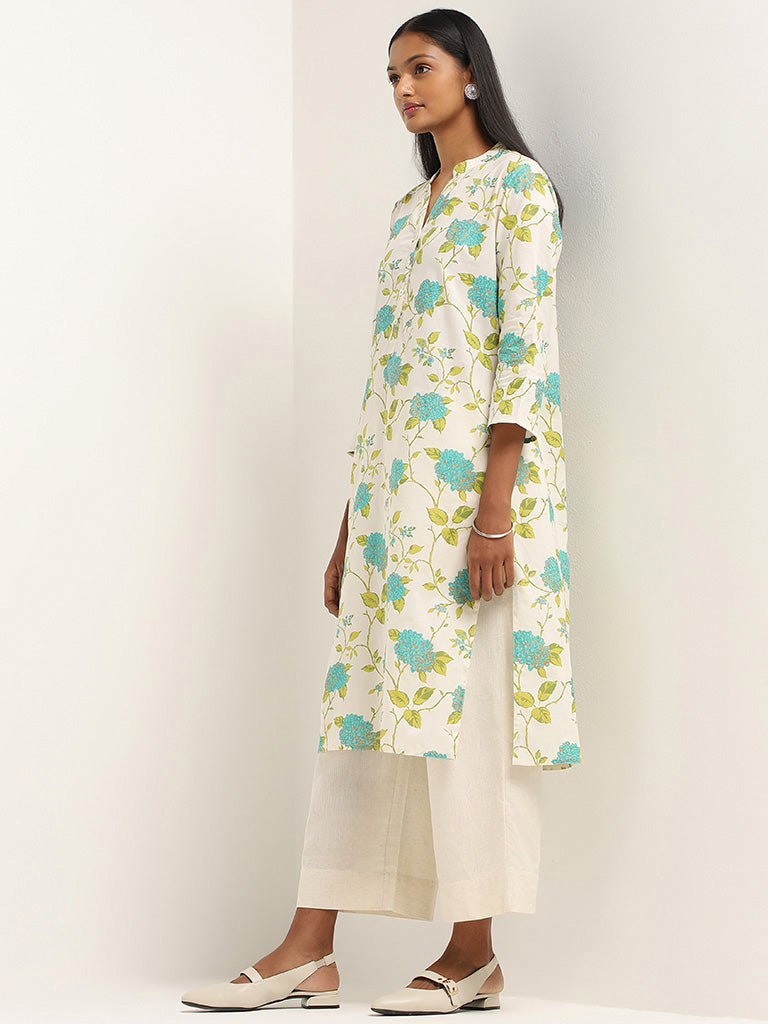 Utsa Off White Floral Printed Cotton Kurta