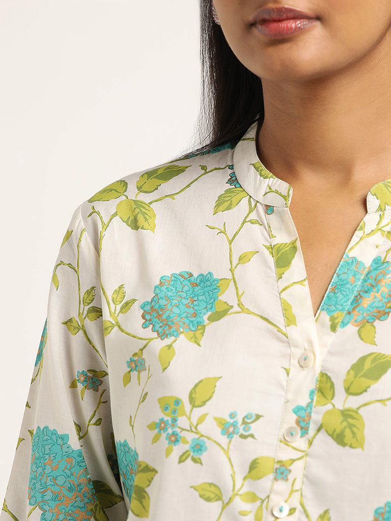 Utsa Off White Floral Printed Cotton Kurta