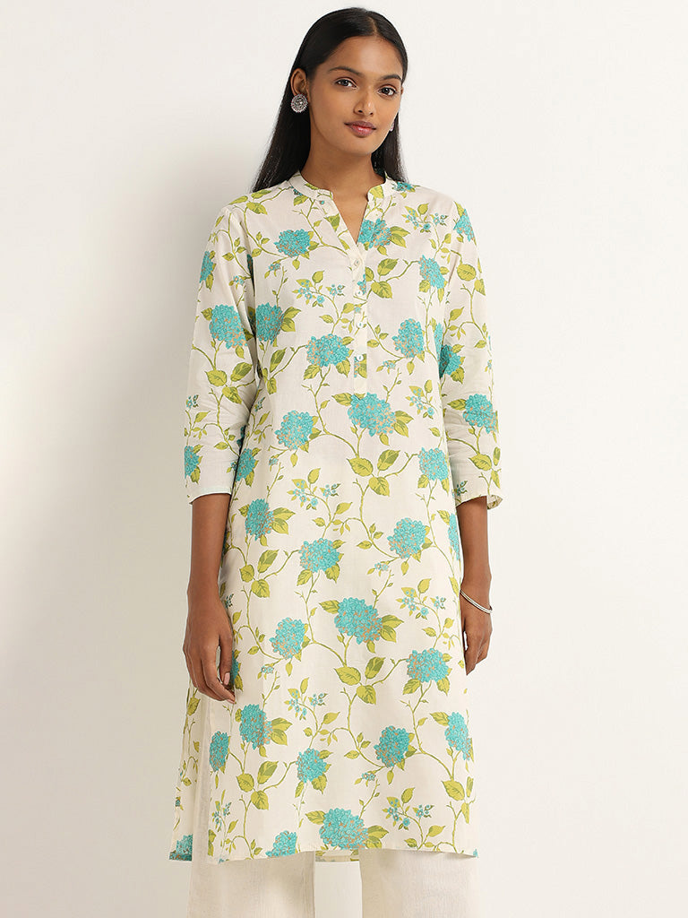 Utsa Off White Floral Printed Cotton Kurta