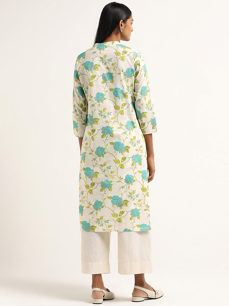 Utsa Off White Floral Printed Cotton Kurta