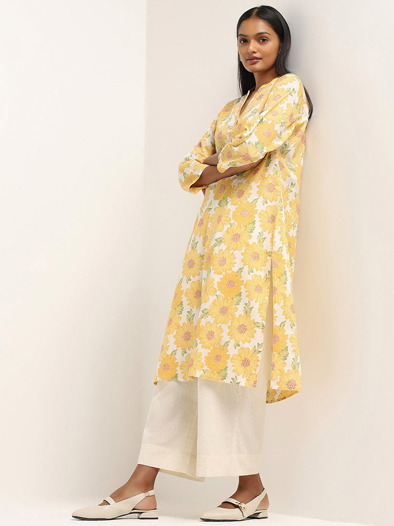 Utsa Yellow Floral Printed Cotton Kurta