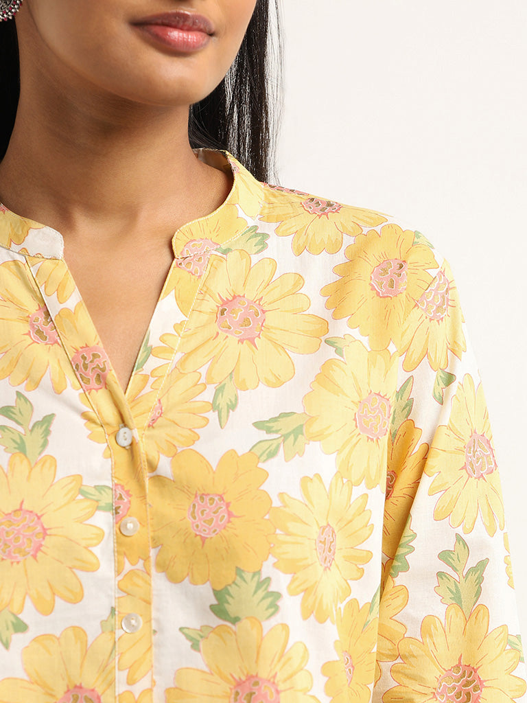 Utsa Yellow Floral Printed Cotton Kurta