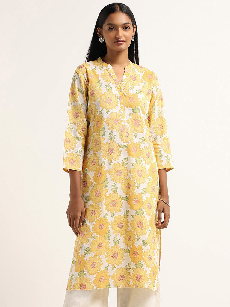 Utsa Yellow Floral Printed Cotton Kurta