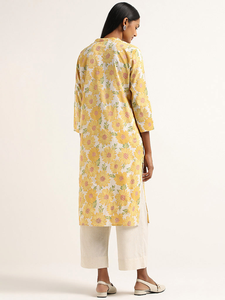 Utsa Yellow Floral Printed Cotton Kurta