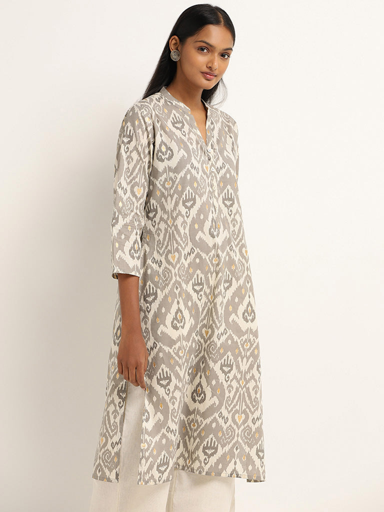 Utsa Grey Ikkat Printed Cotton Kurta