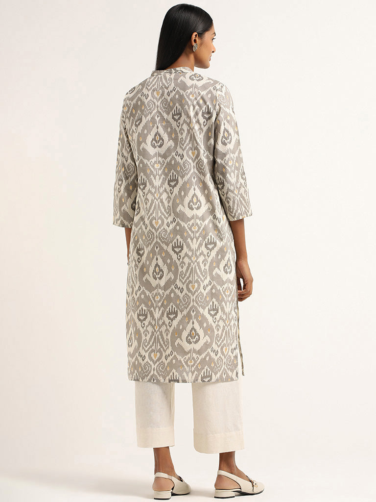 Utsa Grey Ikkat Printed Cotton Kurta