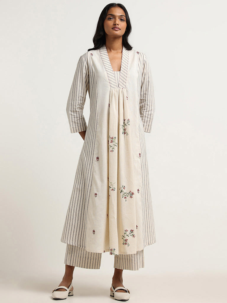 Utsa Off White Floral Printed Striped Cotton Kurta