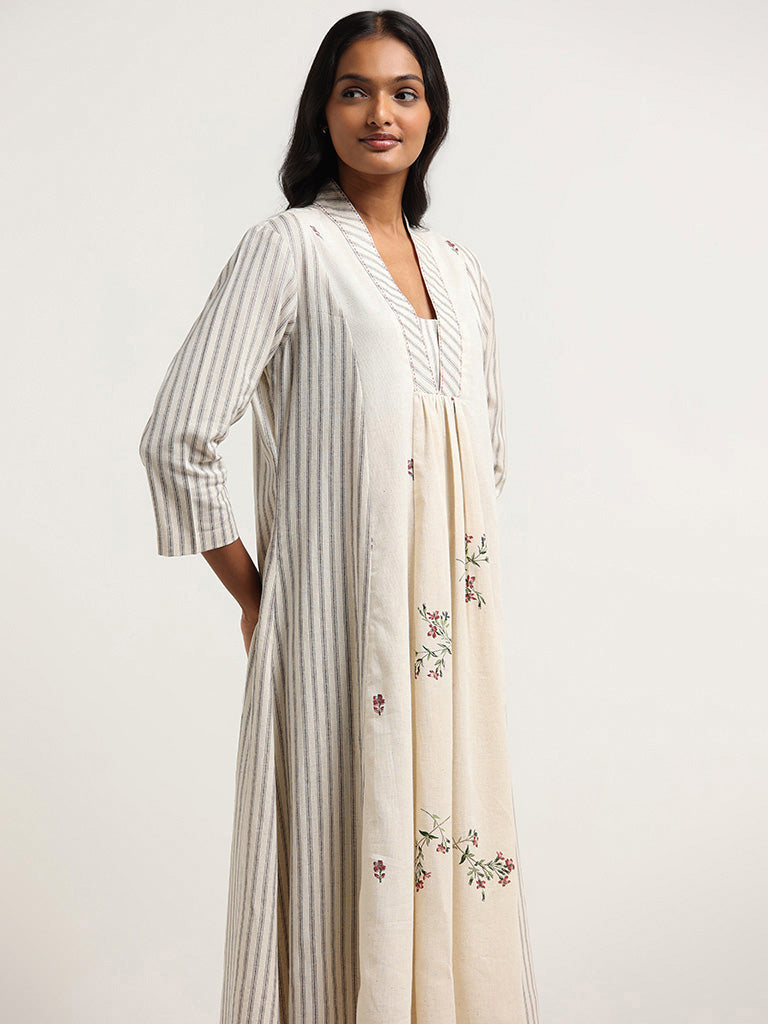 Utsa Off White Floral Printed Striped Cotton Kurta