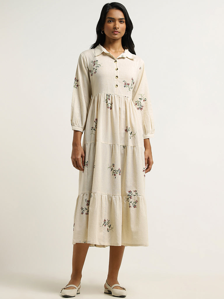 Utsa Off White Floral Printed Long Dress