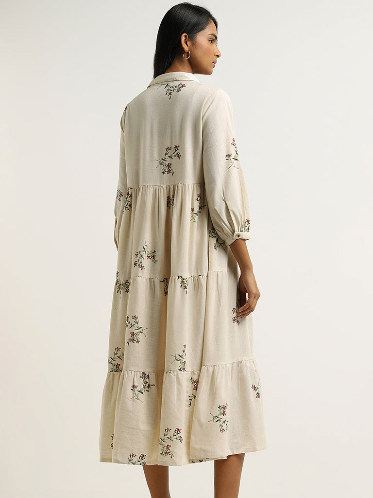 Utsa Off White Floral Printed Long Dress