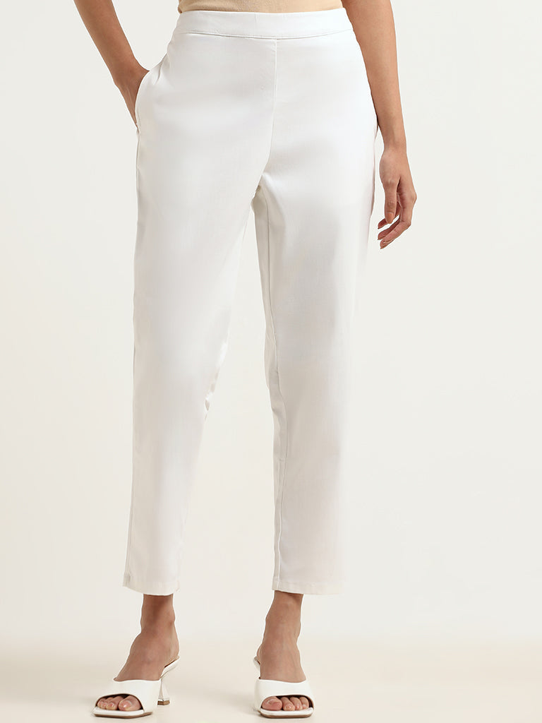 Utsa White Cotton Blend Straight-Leg Pants