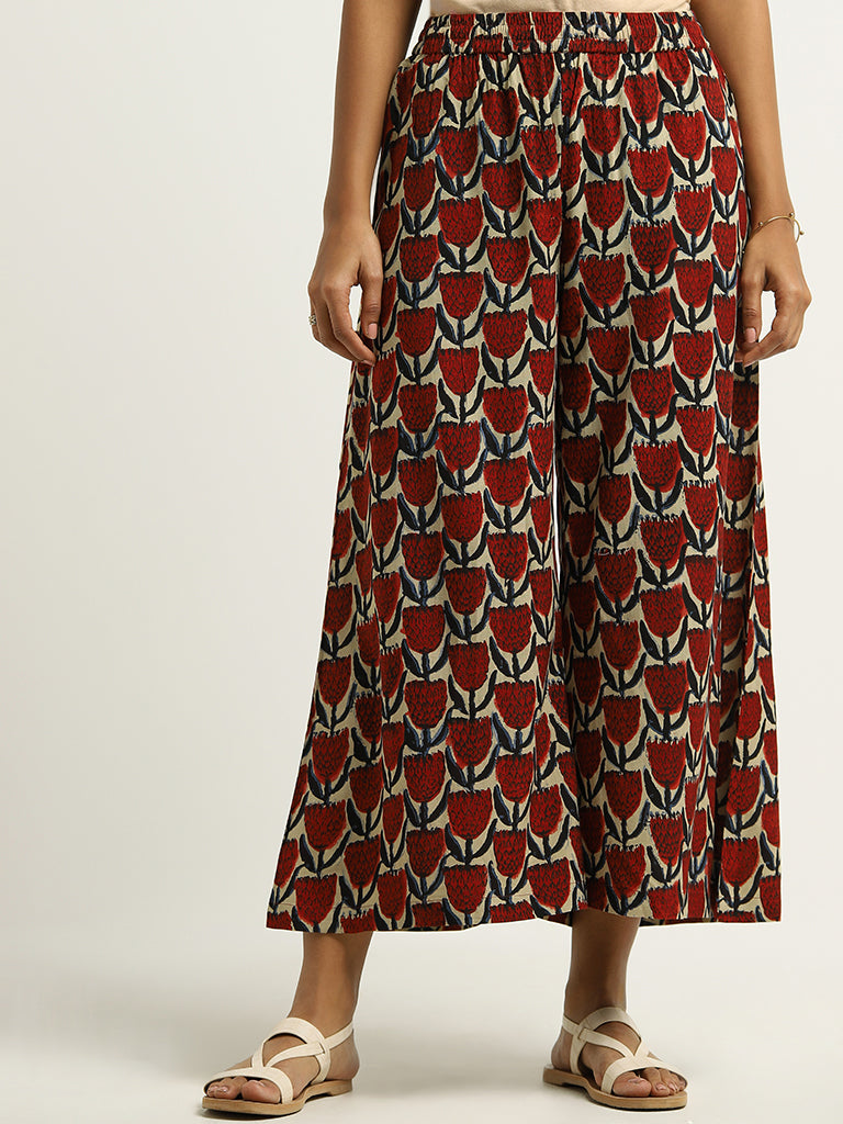 Utsa Red Floral Printed Palazzos