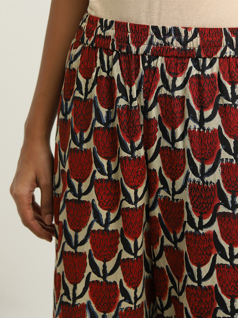 Utsa Red Floral Printed Palazzos