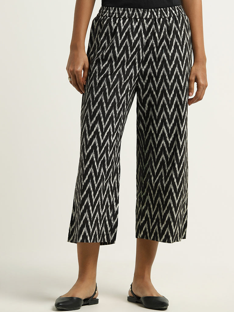 Utsa Black Ikat Printed Blended Linen Palazzos