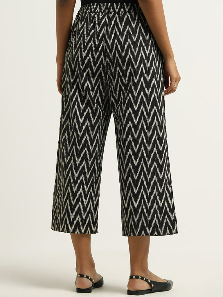 Utsa Black Ikat Printed Blended Linen Palazzos